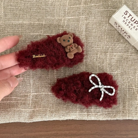 Pinzas para el Cabello de Peluche Rojo Vino Hechas a Mano Lazo Strass Oso Pinza BB Otoño Invierno Dulce Accesorios para el Cabello Mujer