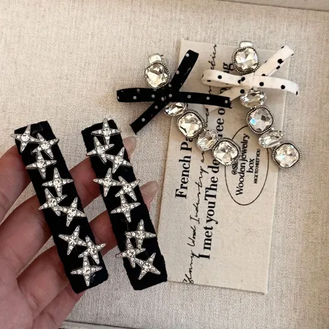 Elegantes Pinzas para el Pelo Coreanas con Lazo de Lunares y Strass para Mujer Horquillas Laterales de Tela con Estrella