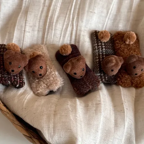 Pinza para el Cabello de Oso de Peluche Vintage Tela de Cuadros Pelo Sintético Kawaii Accesorios para el Cabello Mujer Niña
