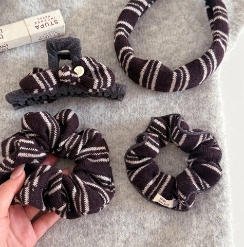 Elastico per Capelli in Maglia a Righe E Pinza per Capelli Con Fiocco Per Donna Stile Coreano Vintage Caffè Bianco Gioielli