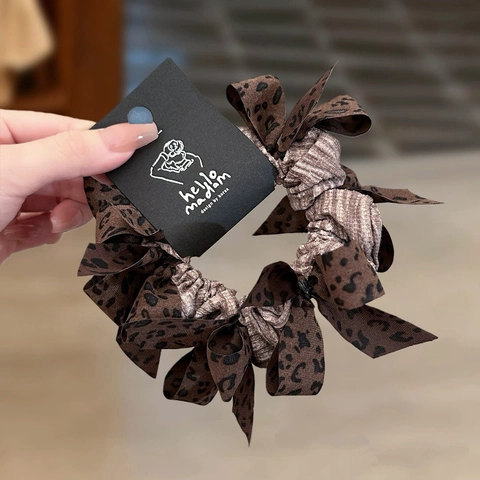 Vintage Leopard Print Bow Scrunchie Korean Style Satin Ribbon Hair Tie For Women Fashion Ponytail Holder Hair Accessories