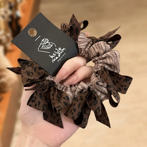 Vintage Leopard Print Bow Scrunchie Korean Style Satin Ribbon Hair Tie For Women Fashion Ponytail Holder Hair Accessories