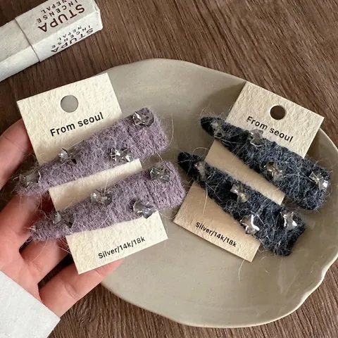 Elegante Mohair Wollen Haarclips Met Grijs Kristal Voor Vrouwen Vintage Handgemaakte Driehoek Strik Haaraccessoires Zijclips