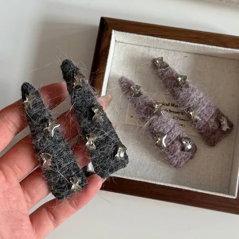 Elegante Mohair Wollen Haarclips Met Grijs Kristal Voor Vrouwen Vintage Handgemaakte Driehoek Strik Haaraccessoires Zijclips