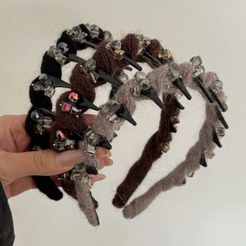 Vintage Damen Strick Stirnband Aus Wolle Mit Kristallen Und Rutschfesten Zähnen Flauschiger Hoher Scheitel Haarreif
