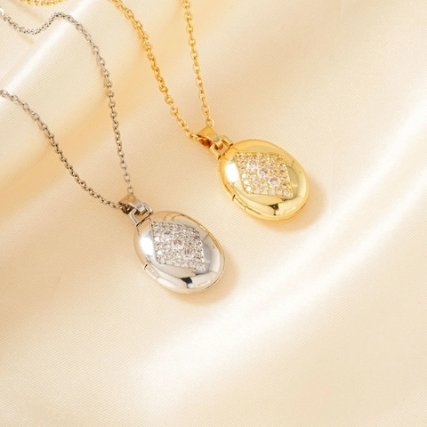 Kupfer Strass Ovales Medaillon Anhänger Halskette Für Damen Herren Galvanisiertes Öffnungs Gedächtnis Foto Medaillon Modeschmuck