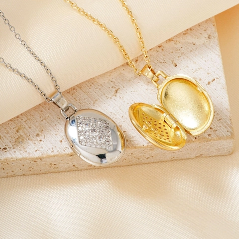 Kupfer Strass Ovales Medaillon Anhänger Halskette Für Damen Herren Galvanisiertes Öffnungs Gedächtnis Foto Medaillon Modeschmuck