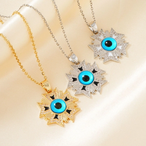 Unique Copper Evil Eye Starburst Pendant Necklace Vintage Enamel Rhinestone Geometric Charm Jewelry For Women Daily Gift