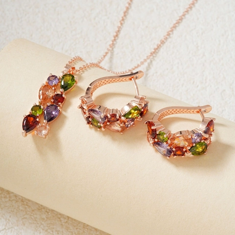 Irregular Zirconia Copper Jewelry Ensemble For Women Multicolor Pear Cut Zircon Pendant Necklace And Hoop Earrings Collection