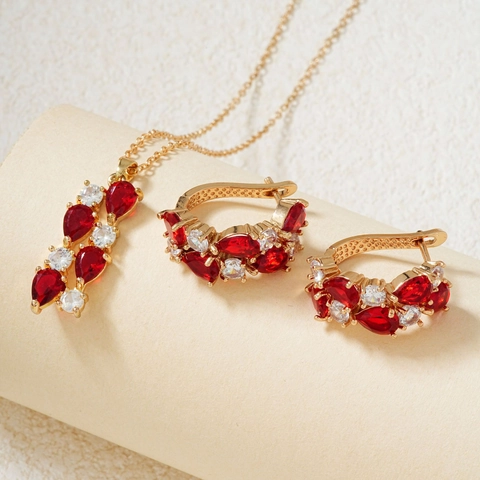 Irregular Zirconia Copper Jewelry Ensemble For Women Multicolor Pear Cut Zircon Pendant Necklace And Hoop Earrings Collection