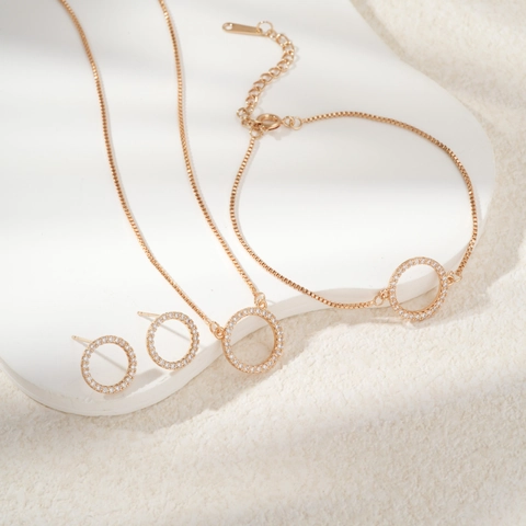 Luxurious Copper Rose Gold Geometric Hollow Circle Jewelry Set Zirconia Inlaid Necklace Bracelet Earrings Set For Women Party Gift