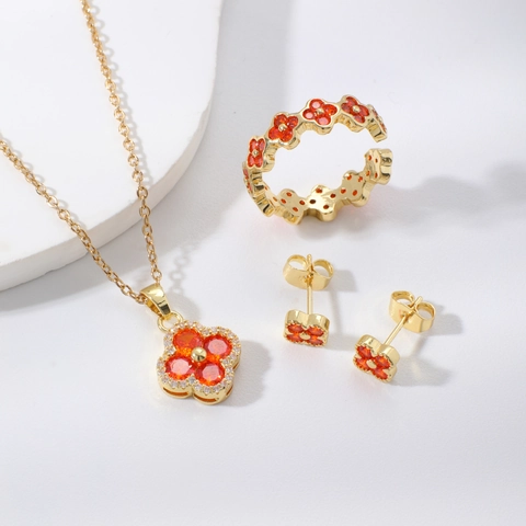 Elegante Collana a Quadrifoglio in Rame Anello Regolabile Orecchini a Lobo per Donna Gioielli Floreali con Strass Placcati Oro