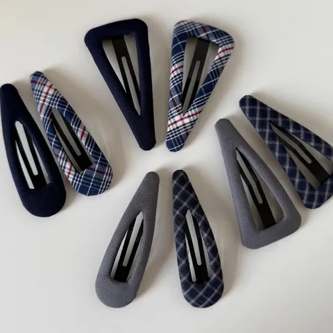 French Vintage Navy Blue Plaid Hair Clips For Women Minimalist Fashion Fabric Covered BB Clips Triangle Waterdrop Hair Pins