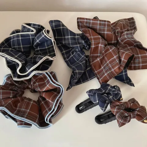 Accesorios para el Cabello a Cuadros Estilo Británico para Mujer Vintage Azul Marino Caqui Pinzas de Lazo Grandes Coleteros Elásticos