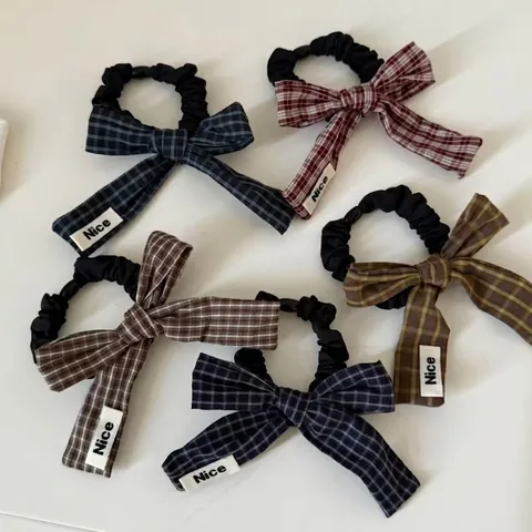 Élastique à Cheveux Nœud Plaid Style Coréen Vintage pour Femmes Accessoires Cheveux en Tissu Fait à la Main