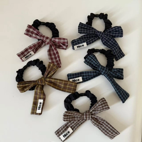 Élastique à Cheveux Nœud Plaid Style Coréen Vintage pour Femmes Accessoires Cheveux en Tissu Fait à la Main