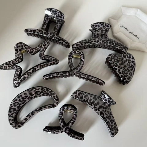 Molletta per Capelli Grande con Stampa Leopardata Grigia in Stile Francese Clip a Squalo in Acrilico per Donna Accessori Capelli