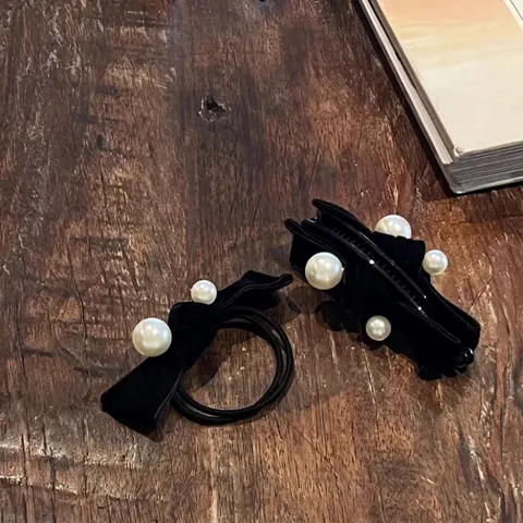 Fermaglio per Capelli a Fiocco in Velluto Nero Stile Coreano Con Perla Artificiale Clip a Banana Retrò Fatto a Mano Elastico per Capelli Donna