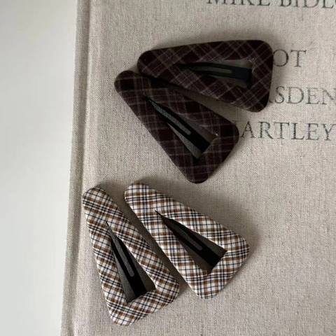 Pinzas para el Pelo Triangulares de Tela a Cuadros Retro Moda Coreana Caqui Café BB Clip Set para Accesorios del Cabello de Mujer