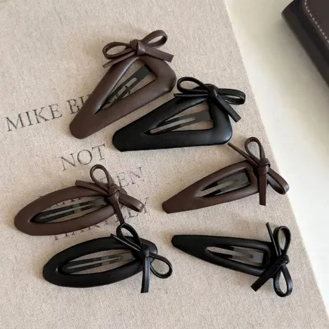 Elegante Pinza para el Cabello con Lazo de Cuero para Mujer Vintage Color Sólido Clip BB Hecho a Mano Estilo Preppy de Moda Accesorio Marrón Negro