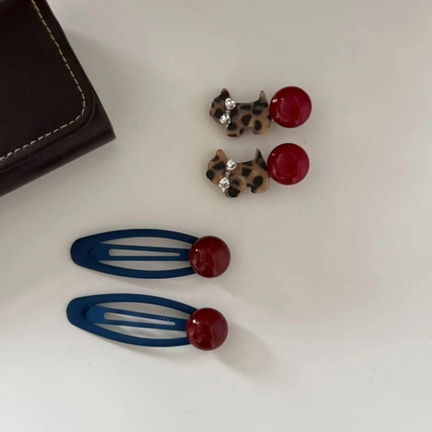 Handgefertigt Acryl Leopardenmuster Welpe Haarklammer Strass Herz Dekor Marineblau Oval BB Clip Für Damen Zubehör