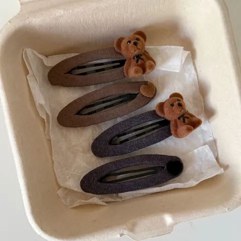 Vintage Cute Fabric Covered Snap Hair Clip With Flocking Bear Heart Decoration Fashion Grey Brown Hair Accessories For Women