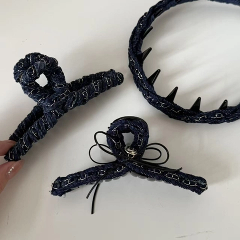 Molla per Capelli in Denim Stile Coreano con Fiocco e Catena in Metallo Cerchietto Antiscivolo da Donna in Tessuto Denim
