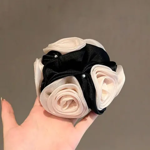 Handmade Satin Three-Dimensional Rose Flower Scrunchie With Artificial Pearl Elegant French Style Hair Tie For Women Hair Accessories