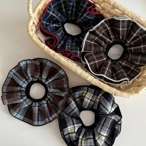 Coleteros de Tela a Cuadros Vintage Para Mujer Estilo Preppy Lazos Para el Cabello a Cuadros Grandes Cuerda Elástica