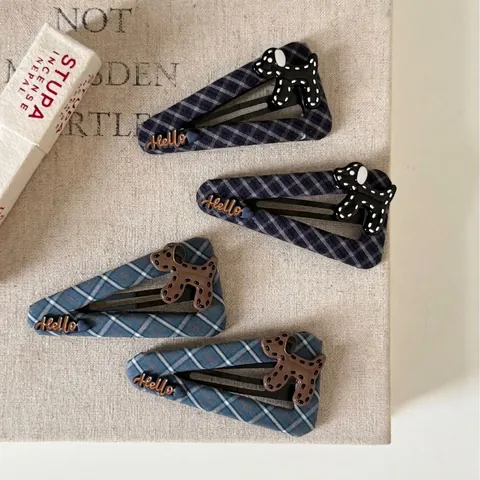 Fermaglio per Capelli in Tessuto a Quadretti Blu Stile Coreano Carino Cane Fiocco BB Clip Moda Pendolare Clip per Frangia Donna