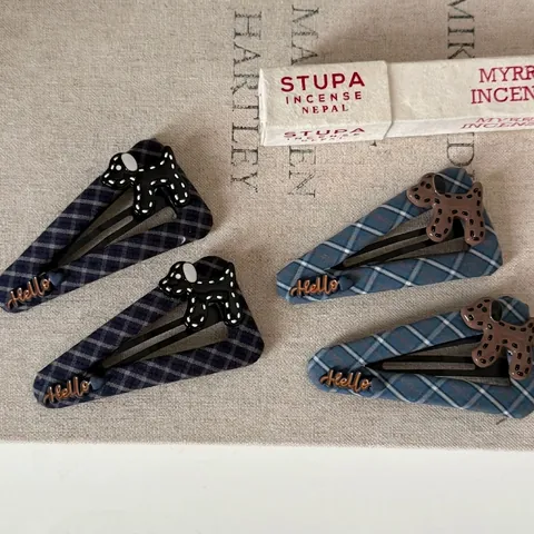 Fermaglio per Capelli in Tessuto a Quadretti Blu Stile Coreano Carino Cane Fiocco BB Clip Moda Pendolare Clip per Frangia Donna
