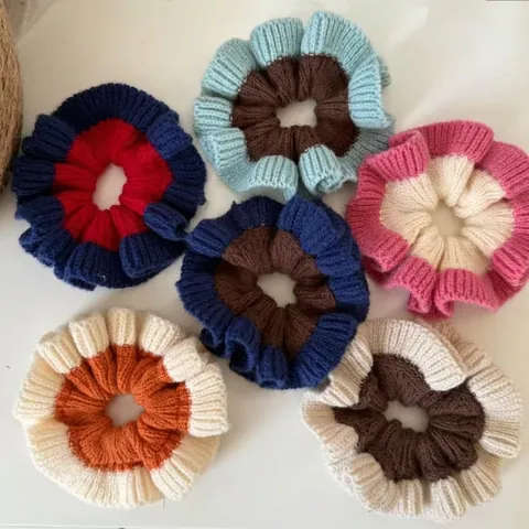 Koreaanse Stijl Kleurblok Gebreide Wollen Garen Haarelastiekjes Dames Lazy Stijl Knot Haarelastiek Herfst Winter Ruffles