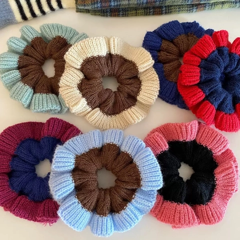 Koreaanse Stijl Kleurblok Gebreide Wollen Garen Haarelastiekjes Dames Lazy Stijl Knot Haarelastiek Herfst Winter Ruffles