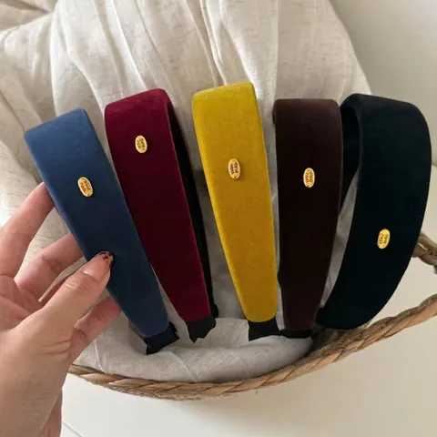 Damen Samt Breitrand Haarreif Verdickter Schwamm Gepolstertes Haarband Mit Goldener Handgefertigter Metallmarke Herbst Winter Haarschmuck