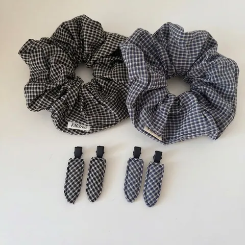 Ensemble de Chouchous à Carreaux Style Coréen et Pinces à Cheveux Sans Couture Accessoires de Coiffure en Tissu pour Femmes Quotidien