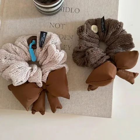 Vintage Knit Fabric Scrunchies With Large Bow Elegant Beige Brown Elastic Hair Ties For Women Korean Style Hair Accessories