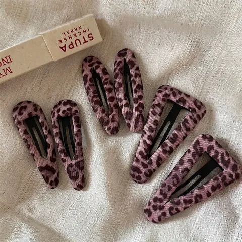 Fashion Pink Leopard Print Hair Clips For Women Fabric Wrapped Metal BB Hairpins Drop Shape Leopard Pattern Hair Accessories