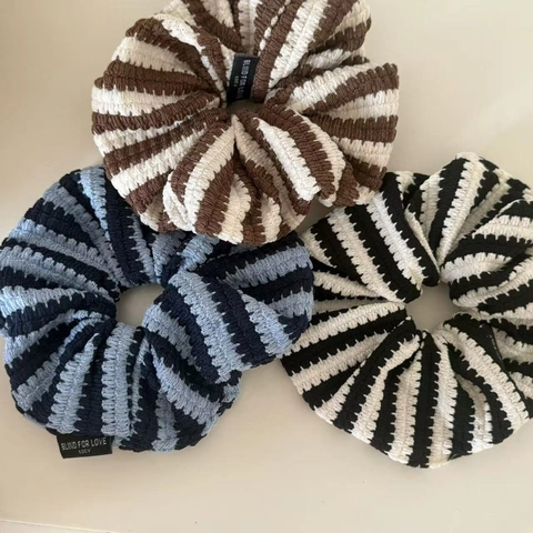 Damen Gestrickte Gestreifte Haargummi Große Elastische Haarbänder Retro Buchstaben Etikett Haaraccessoire Mode Kopfbedeckung
