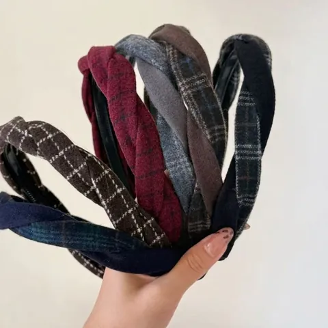 Cerchietto da Donna in Lana a Quadri a Torsione Retrò a Strisce Antiscivolo Autunno Inverno Fascia per Capelli Moda Pendolare