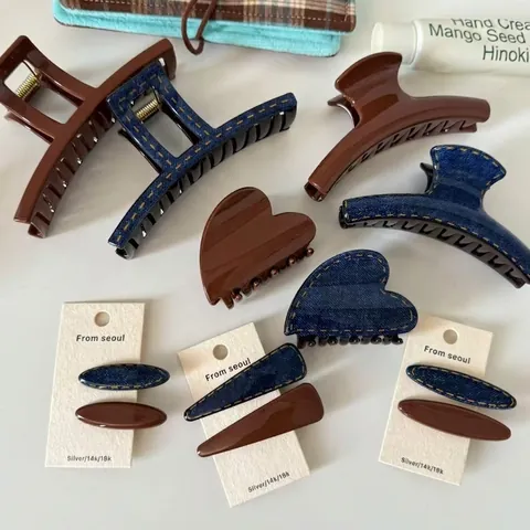 Pinza para el Cabello de Acrílico Marrón Café Estilo Coreano Vintage Textura de Mezclilla Horquilla Elegante Accesorios