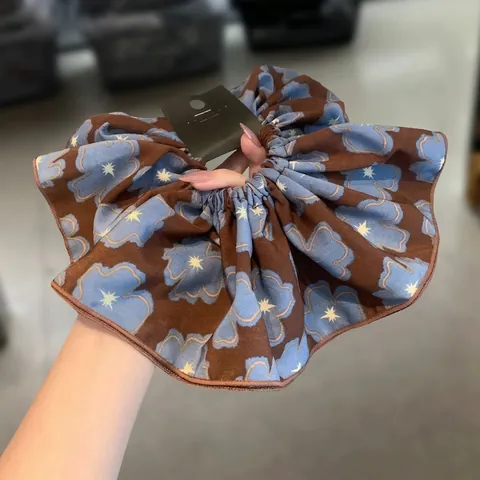 Scrunchies con Stampa Floreale Retro per Donna Blu Caffè Tessuto Satin Elastico Grandi Elastici per Capelli Accessori Moda