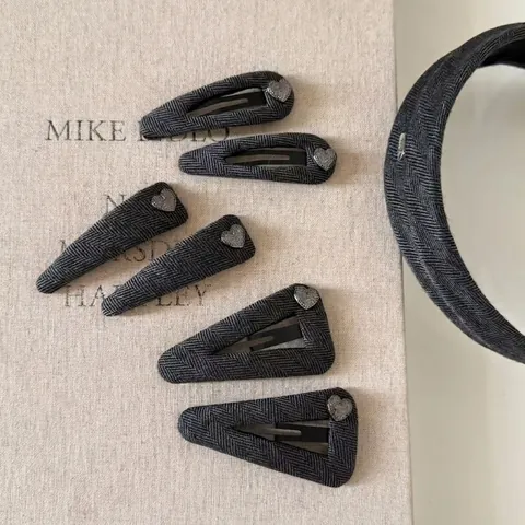 Vintage Grau Fischgrätenmuster Stoff Herz BB Haarklammer Retro Geometrische Dreieck Wassertropfen Pony Clip Für Damen