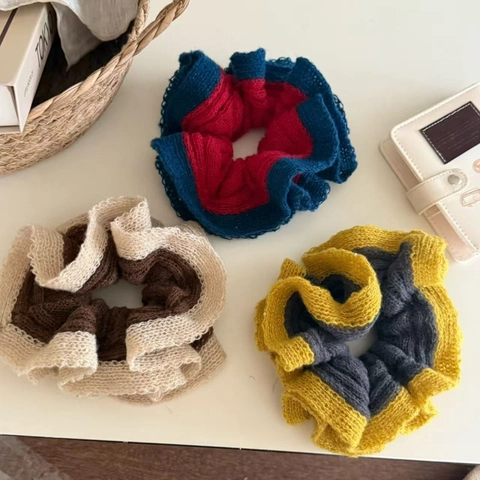 Retro Contrastkleur Gebreide Scrunchies Handgemaakte Stoffen Haarelastieken Zachte Elastische Haarbanden Dames Sieraden
