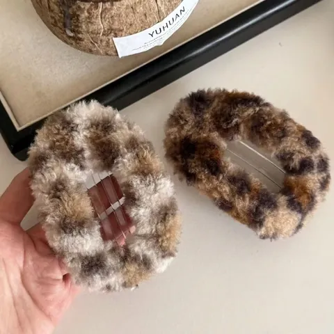 Dames Luipaardprint Pluche Haarspeld Modieuze Kunstbont Eendenbekclip Herfst Winter Grote Haaraccessoires