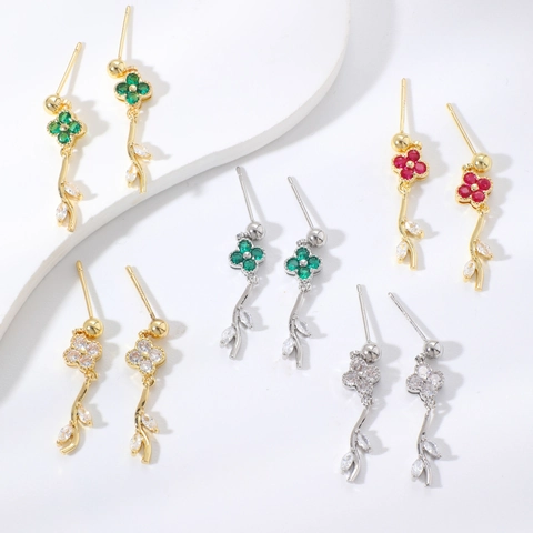 MOXI Colorful Lucky Clover Flower Leaf Dangle Earrings For Women Copper Rhinestone Floral Drop Earrings Valentine's Day Gift