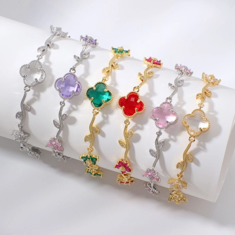 Elegantes Kupfer Zirkonia Blumen Blatt Armband Für Damen Romantisches Zweig Design Vierblättriges Kleeblatt Verstellbarer Schmuck