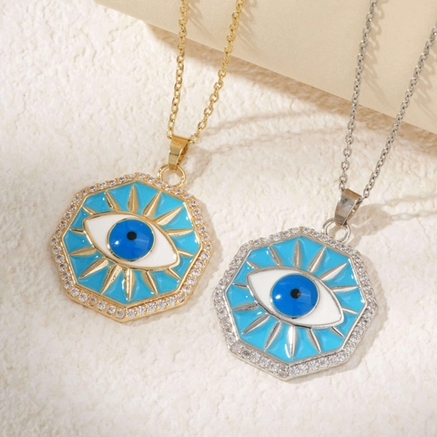 Achteckige Halskette Mit Bösem Blick Anhänger Kupfer Gold Silber Plattiert Emaille Zirkonia Strass Damen Schmuck Geschenk