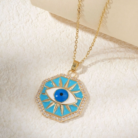 Achteckige Halskette Mit Bösem Blick Anhänger Kupfer Gold Silber Plattiert Emaille Zirkonia Strass Damen Schmuck Geschenk