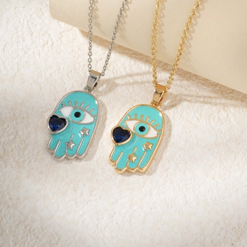 Exotic Hamsa Hand Evil Eye Pendant Necklace Copper Enamel Blue Heart Star Jewelry For Women Gift Gold Silver Color