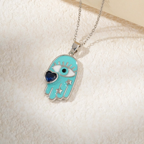 Exotic Hamsa Hand Evil Eye Pendant Necklace Copper Enamel Blue Heart Star Jewelry For Women Gift Gold Silver Color